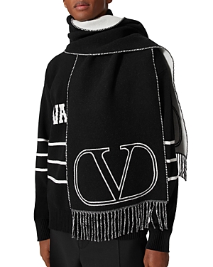 Valentino Wool & Cashmere Logo Scarf In Black/white