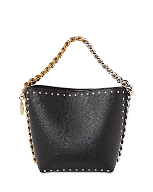 Stella Mccartney Frayme Studded Grainy Bucket Bag In Black/gold/silver