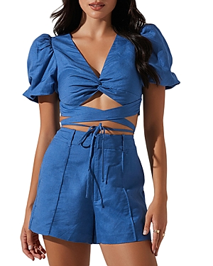 Astr Nuria Wrap Tie Crop Top In Blue