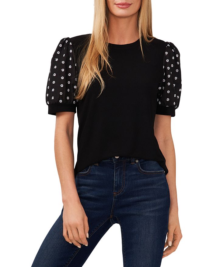CeCe Puff Sleeve Mixed Media Top | Bloomingdale's