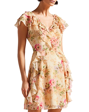 Shop Ted Baker Ammiah Ruffled Sleeveless V Neck Mini Dress In Tan
