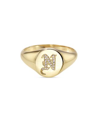 Zoe Lev - 14K Yellow Gold Diamond Gothic Initial Small Signet Ring