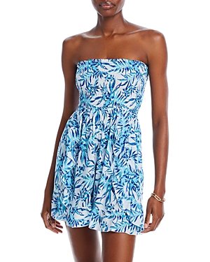 Tiare Hawaii Hoku Printed Strapless Cover Up Mini Dress In Huahine Blue