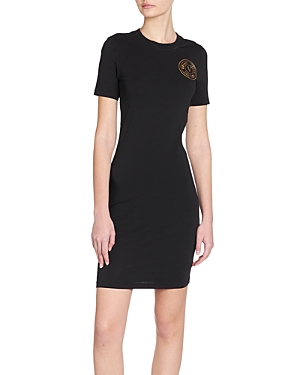 Shop Versace Jeans Couture Cotton Blend Logo Jersey Tee Dress In Black/gold