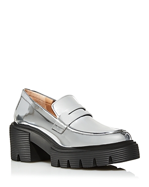 Stuart Weitzman Soho Patent Lug-sole Penny Loafers In Silver