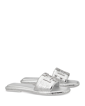Shop Tory Burch Women's Double T Sport Slide Sandals In Silver