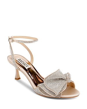 Shop Badgley Mischka Women's Remi Almond Toe Rhinestone Ruffle Mid Heel Sandals In Nude Satin