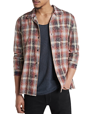 John Varvatos Stanton Cotton Reversible Oversized Fit Button Down Camp Shirt In Dark Moss
