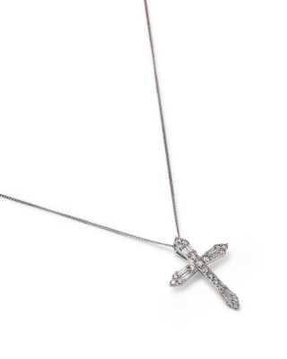 Diamond Round & Baguette Cross Pendant Necklace in 14K White Gold, 0.60 tcw  