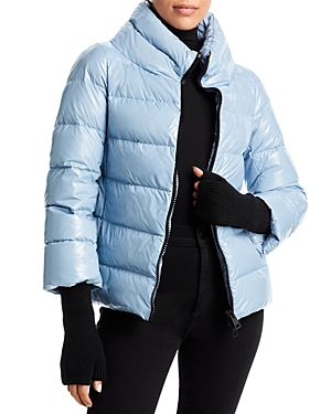 Shop Herno Gloss Puffer Jacket With Knit Gloves In Celeste