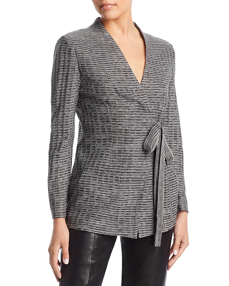 Misook Tweed Tie Waist Jacket In Mint/black/ivory