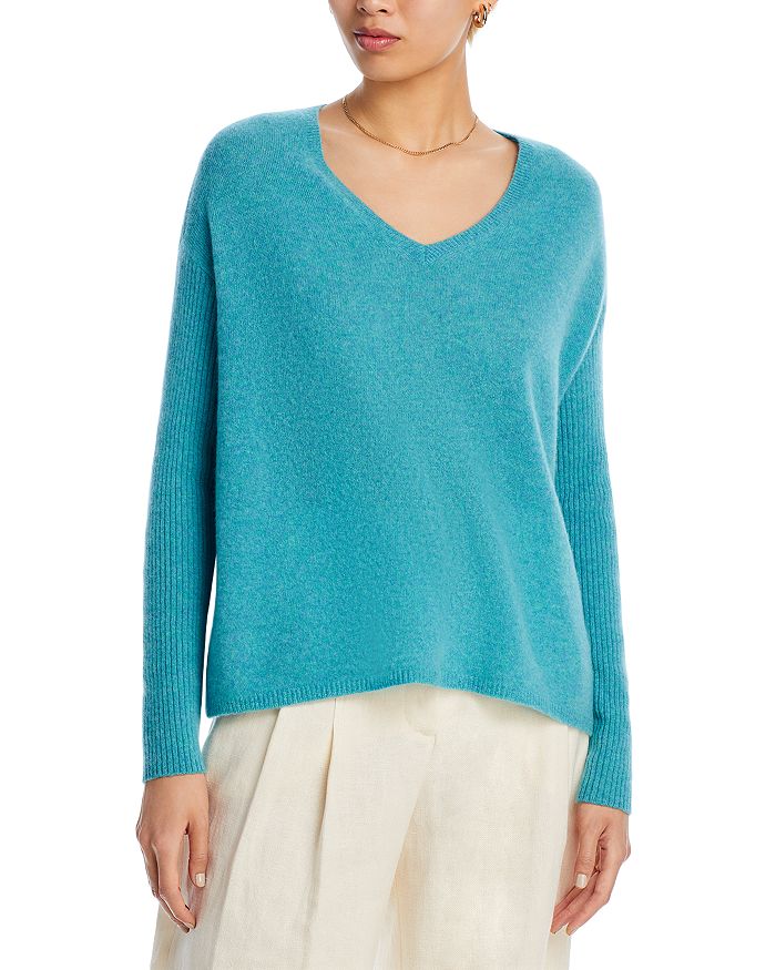 C by Bloomingdale's Cashmere VNeck Ribbed Sleeve Cashmere Sweater