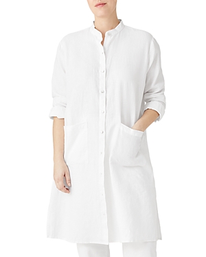 Eileen Fisher Mandarin Collar Long Sleeve Organic Linen Shirtdress In White