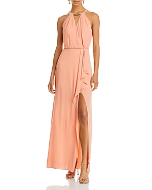 Bcbgmaxazria Draped Necklace Halter Gown In Canyon Sunset