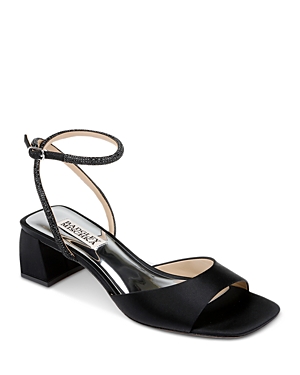 Shop Badgley Mischka Women's Infinity Embellished Mid Block Heel Sandals In Black Satin