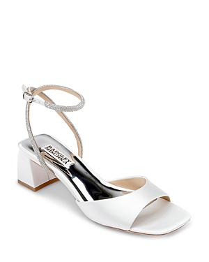 Shop Badgley Mischka Women's Infinity Embellished Mid Block Heel Sandals In White Satin
