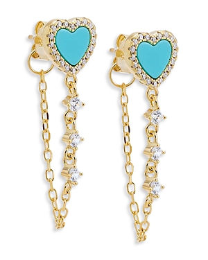 By Adina Eden Heart Front To Back Chain Drop Earrings In 14k Gold Plated Sterling Silver In Blue