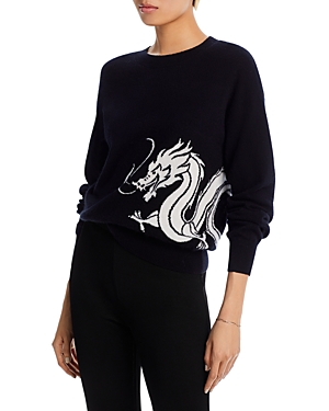 Aqua Cashmere Wrap Around Dragon Intarsia Crewneck Cashmere Sweater - 100% Exclusive In Black/white