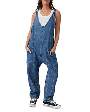 FREE PEOPLE HIGH ROLLER COTTON DENIM JUMPSUIT IN SAPPHIRE BLUE