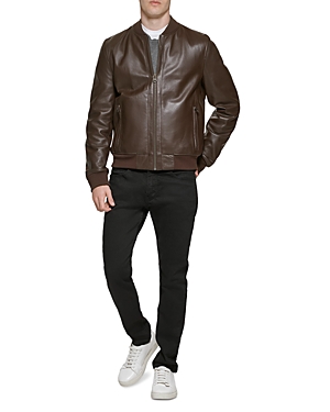 Shop Cole Haan Bonded Leather Varsity Jacket In Java