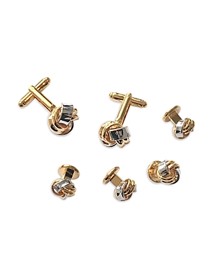 Link Up Classic Knot Silver & Gold Tone Rhodium Plated Stud & Cufflink Set In Gold/silver