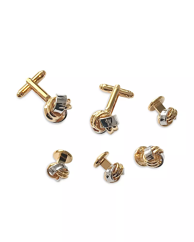 Link Up Classic Knot Silver & Gold Tone Rhodium Plated Stud & Cufflink Set