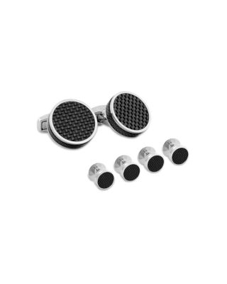 Rhodium Plated Round Stud & Cufflink Set