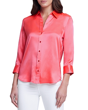 L Agence Dani Silk Satin 3/4-sleeve Button-down Blouse In Neon Coral