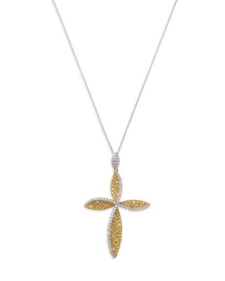 Bloomingdale's Fine Collection - White & Yellow Diamond Cross Pendant Necklace in 14K Yellow & White Gold, 1.75 ct. t.w.