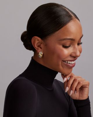 18K Yellow Gold & Sterling Silver Embrace X Oval Caviar Bead Omega Earrings