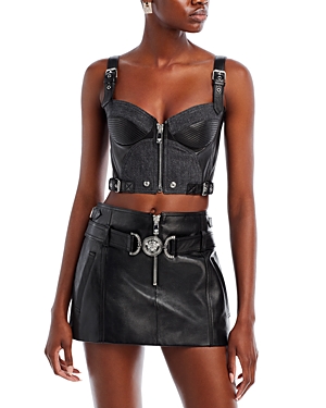 VERSACE DENIM LEATHER BIKER CROP TOP