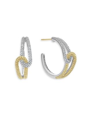 18K Yellow Gold & Sterling Silver Caviar Lux-Clip Diamond Hoop Earrings - Exclusive