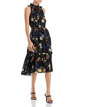 Kobi Halperin Ryan Floral Print Ruffle Tie Waist Midi Dress In Black Multi