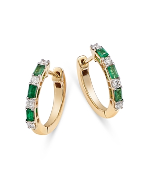 Bloomingdale's Emerald & Diamond Huggie Hoop Earrings In 14k Yellow Gold In Green/gold