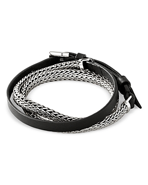 Shop John Hardy Sterling Silver Classic Chain Leather Strap Wrap Bracelet In Black/silver