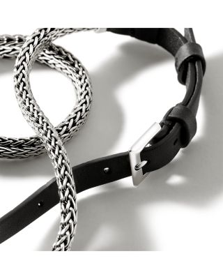 Sterling Silver Classic Chain Leather Strap Wrap Bracelet