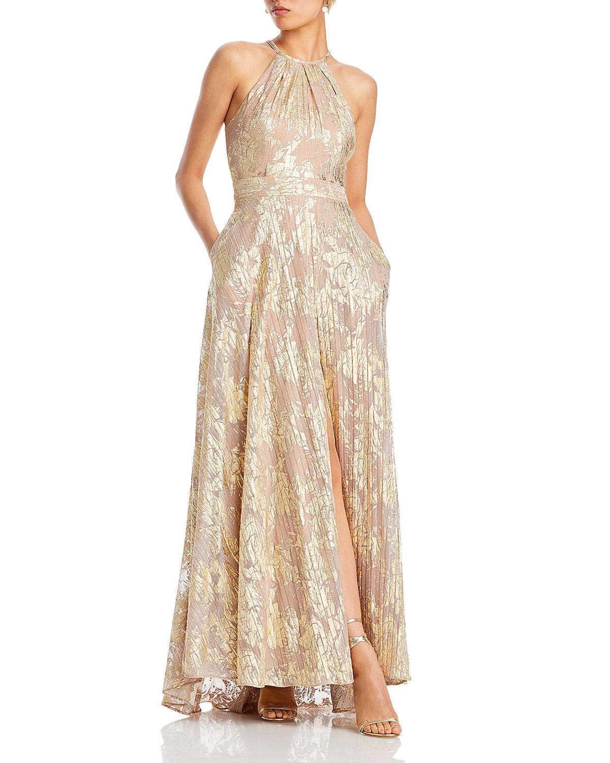 Aqua Foil Knit Metallic Halter Gown - Exclusive