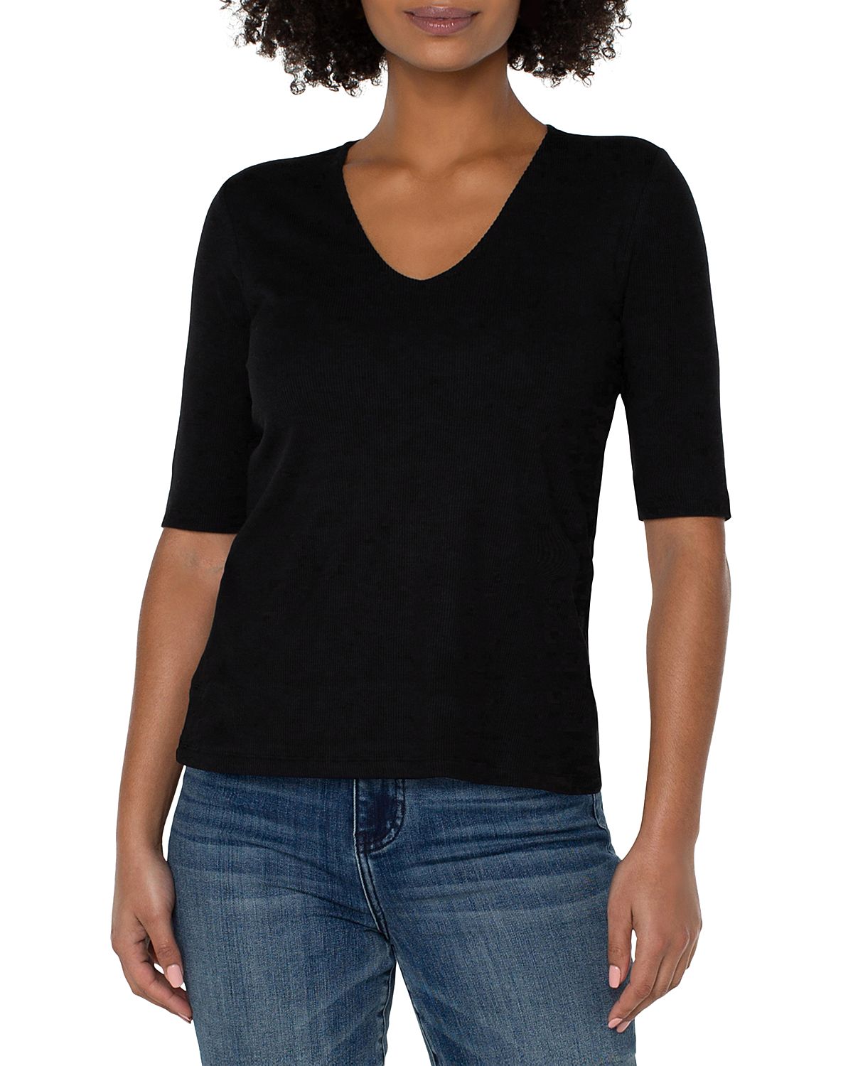 Liverpool Los Angeles V Neck Rib Knit Elbow Sleeve Tee