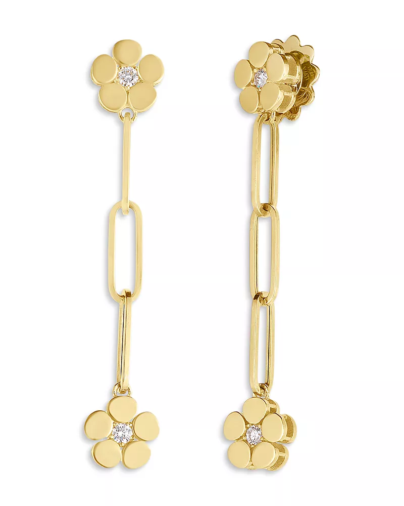 Roberto Coin 18K Yellow Gold Daisy Diamond Flower Chain Drop Earrings - Exclusive