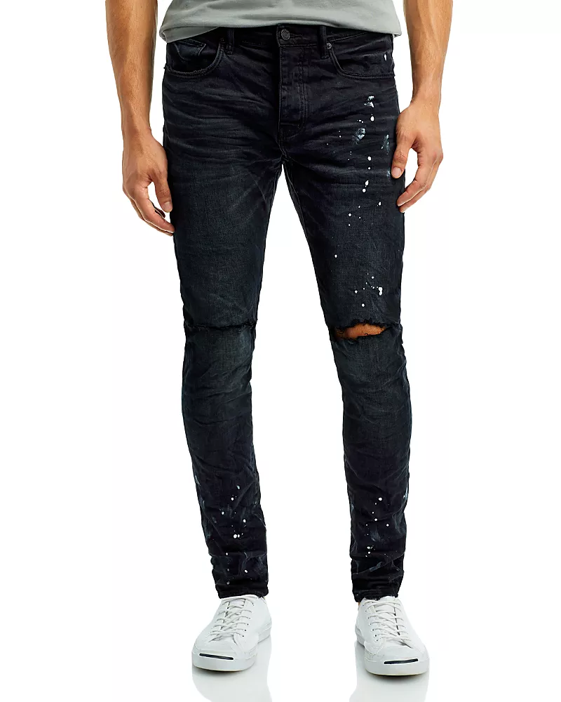 Purple Brand Paint Splatter Ripped Knee Black Skinny Jeans