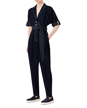 Shop Emporio Armani Belted Denim Jumpsuit In Solid Dark