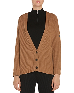 Shop Moncler V-neck Ribbed Cardigan In Light Brown