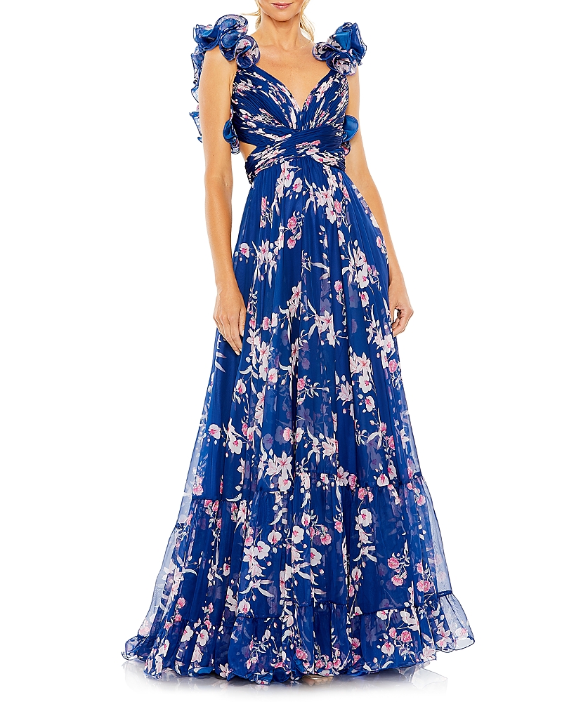 Mac Duggal Ruffled Floral Gown In Blue