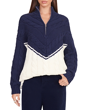 Shop Staud Hampton Half Zip Cable Tunic Sweater In Navy/ivory