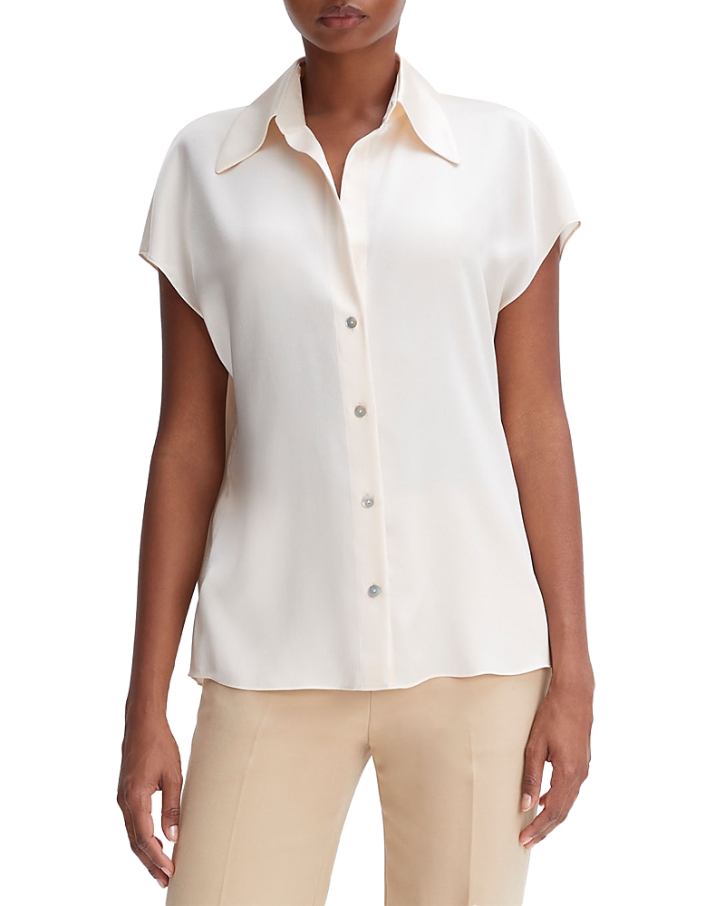 Vince Cap-sleeve Ruched-back Silk Blouse In Neutral
