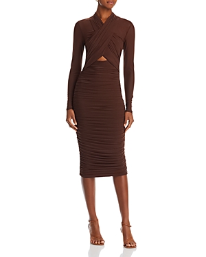 Bardot Aliyah Ruched Bodycon Dress In Chocolate