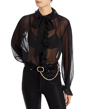 Frame Ruffle-front Silk-chiffon Blouse In Noir