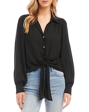 Karen Kane Tie Front Embellished Collar Cotton Button-up Shirt In Black
