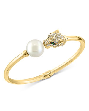 Bloomingdale's Cultured Freshwater Pearl, Diamond, & Emerald Animal Bangle Bracelet in 14K Yellow Go