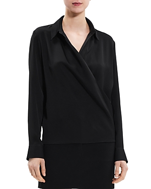 Theory Modern Silk Georgette Wrap Blouse In Black